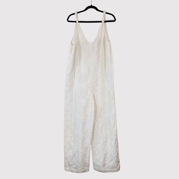 ZARA Womens Jumpsuit White Floral Eyelet V Neck Sleeveless Wide Leg Boho Large - Picture 3 of 11